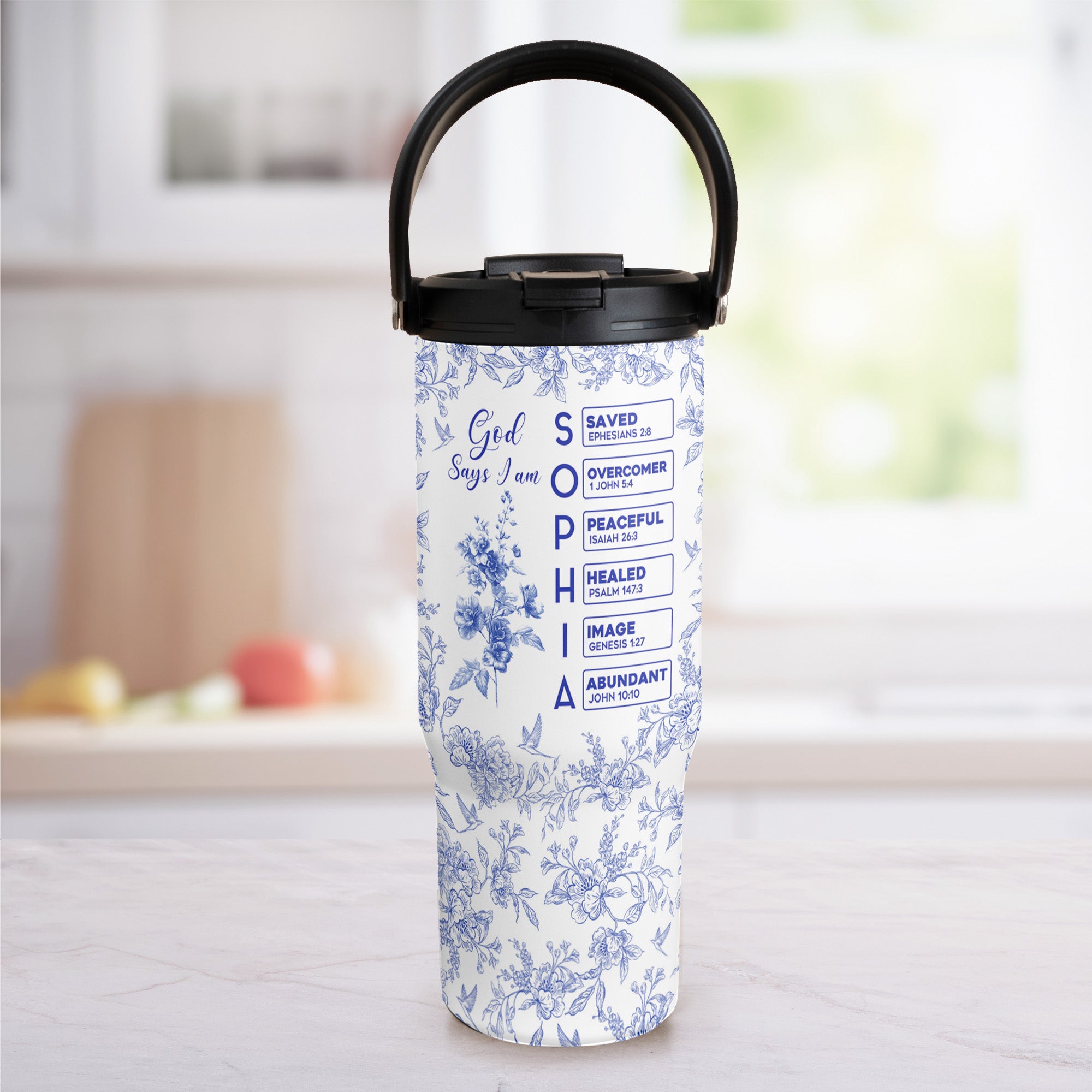 God Says I Am Name Letter In Bible Toile De Jouy Style - Personalized 30oz Tumbler With Handle