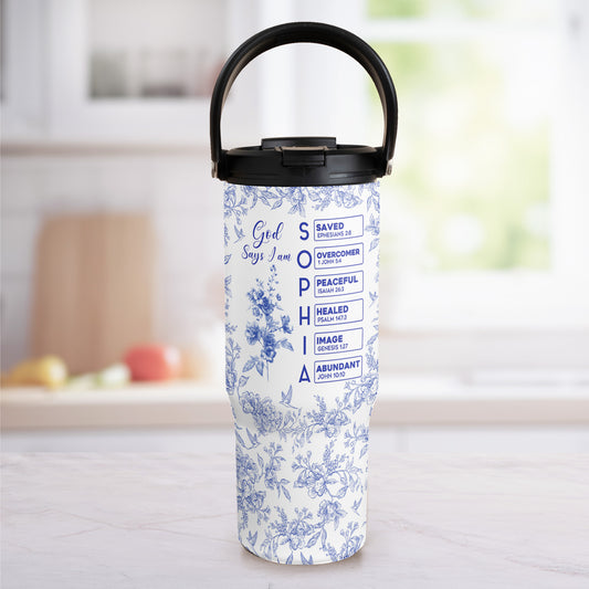 God Says I Am Name Letter In Bible Toile De Jouy Style - Personalized 30oz Tumbler With Handle