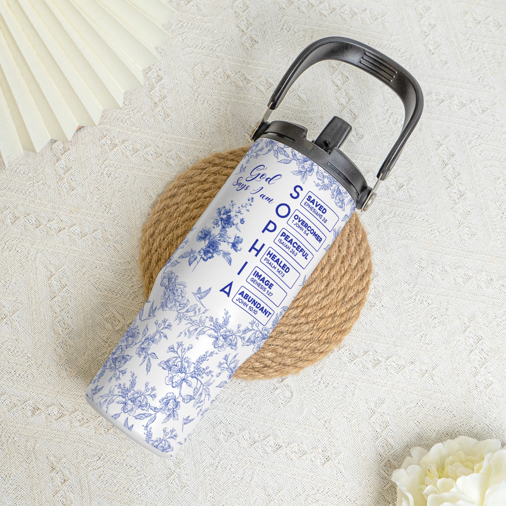 God Says I Am Name Letter In Bible Toile De Jouy Style - Personalized 30oz Tumbler With Handle