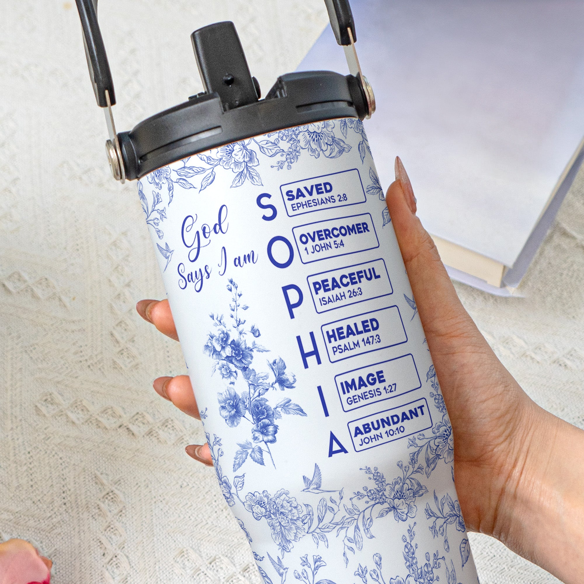 God Says I Am Name Letter In Bible Toile De Jouy Style - Personalized 30oz Tumbler With Handle