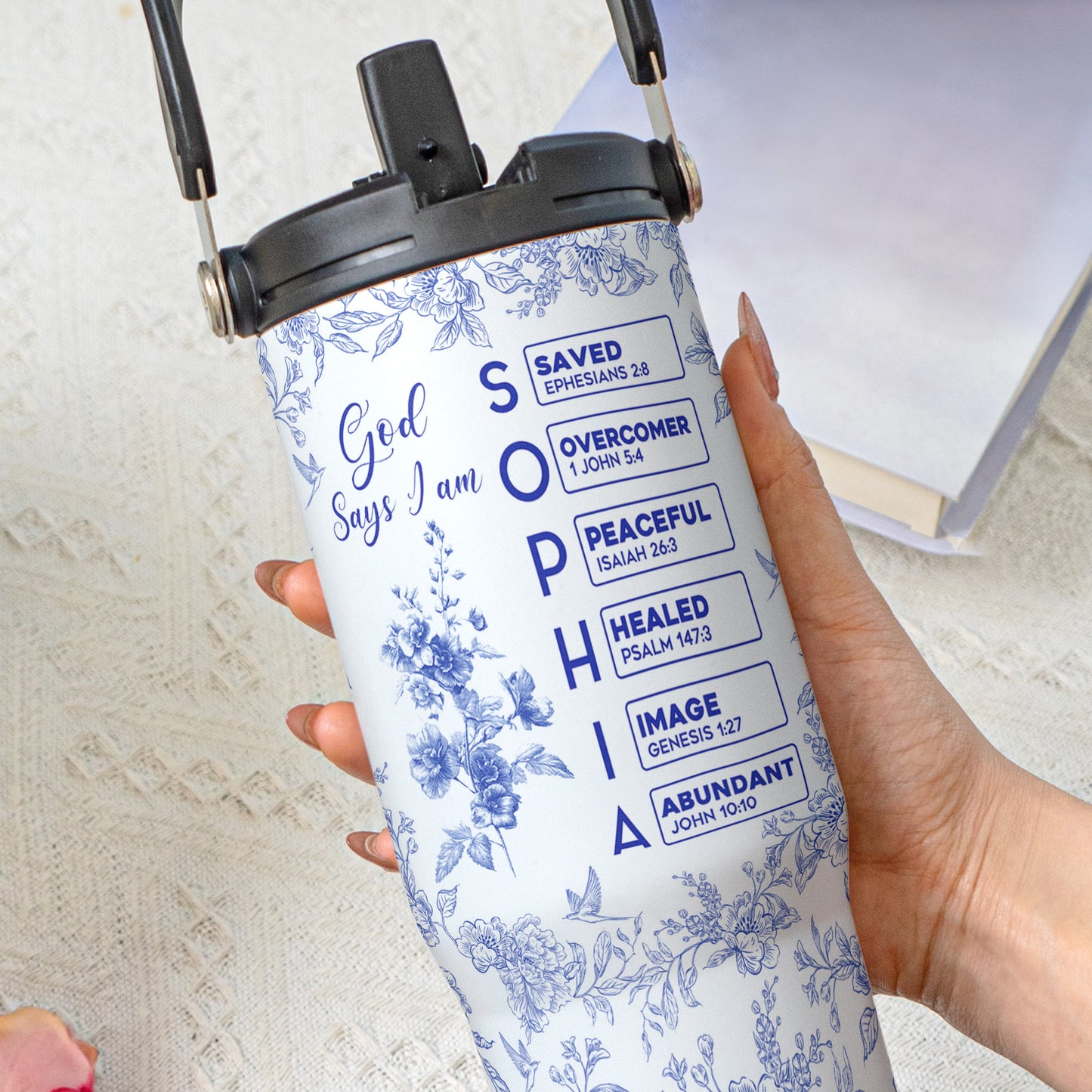 God Says I Am Name Letter In Bible Toile De Jouy Style - Personalized 30oz Tumbler With Handle