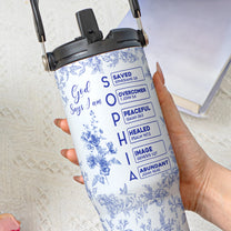 God Says I Am Name Letter In Bible Toile De Jouy Style - Personalized 30oz Tumbler With Handle
