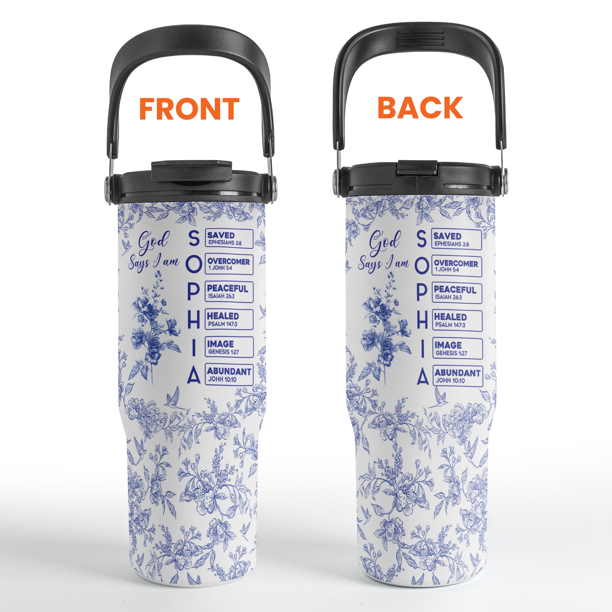 God Says I Am Name Letter In Bible Toile De Jouy Style - Personalized 30oz Tumbler With Handle