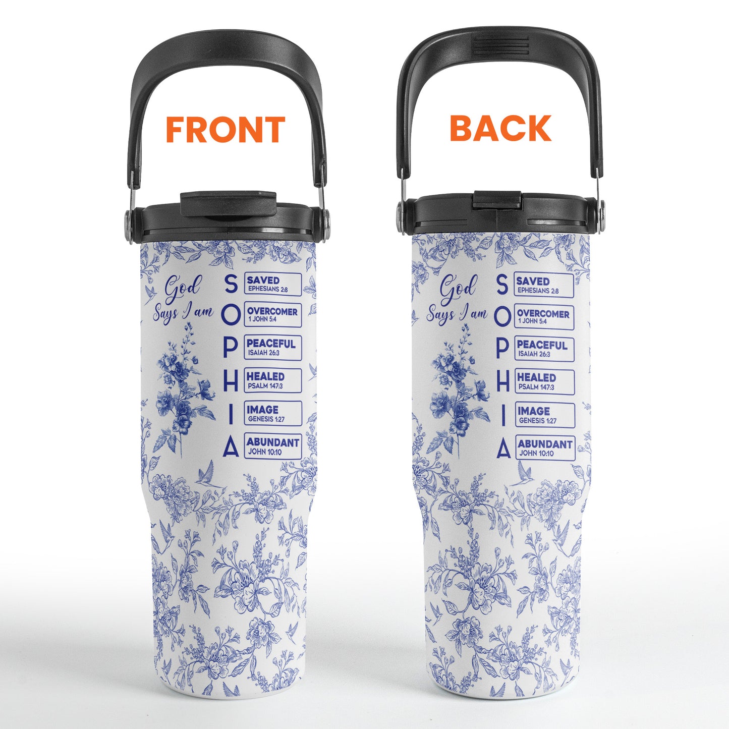 God Says I Am Name Letter In Bible Toile De Jouy Style - Personalized 30oz Tumbler With Handle