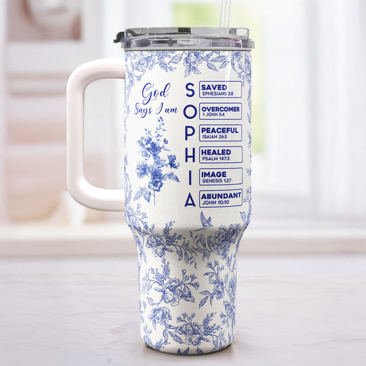 God Says I Am Name Letter In Bible Toile De Jouy Style - Personalized 40oz Tumbler With Straw