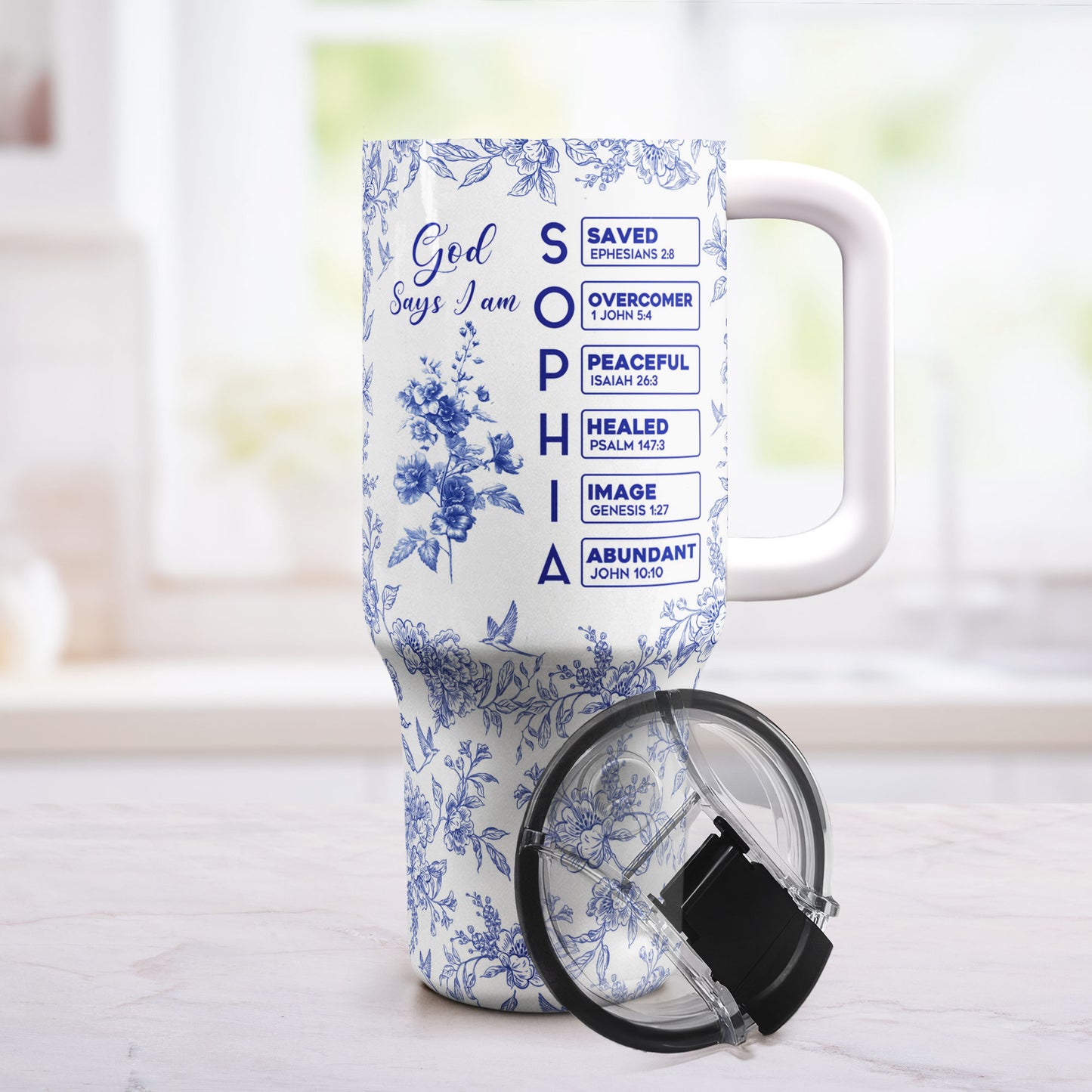 God Says I Am Name Letter In Bible Toile De Jouy Style - Personalized 40oz Tumbler With Straw