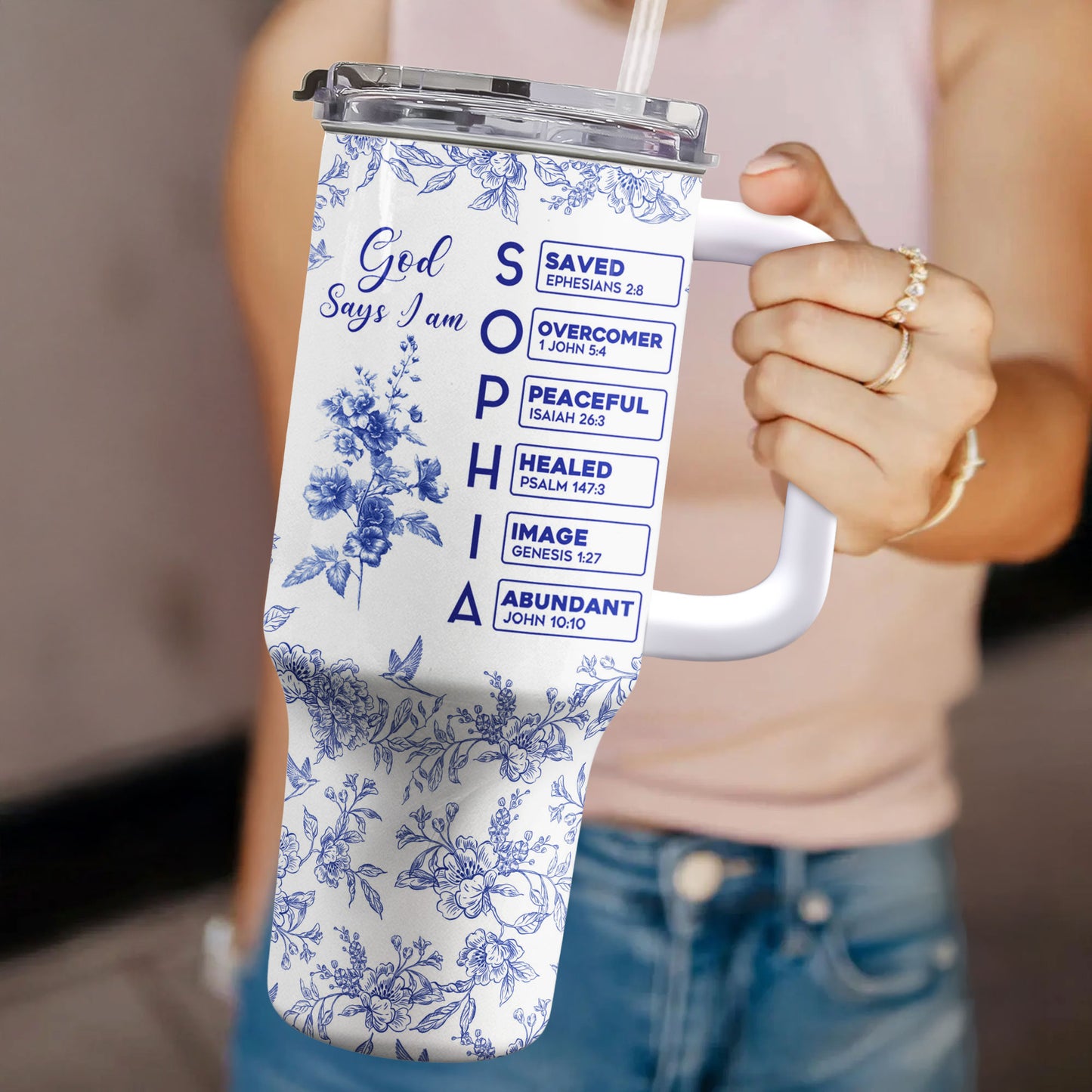 God Says I Am Name Letter In Bible Toile De Jouy Style - Personalized 40oz Tumbler With Straw
