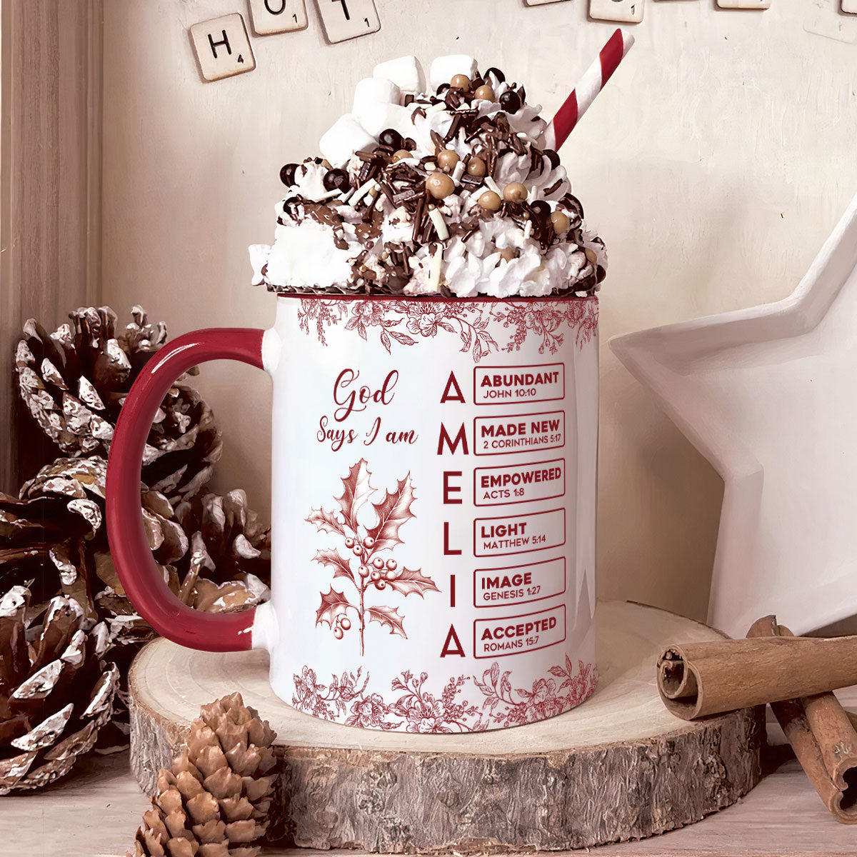 God Says I Am Name Letter In Bible Toile De Jouy Style - Personalized Accent Mug