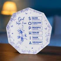 God Says I Am Name Letter In Bible Toile De Jouy Style - Personalized Acrylic Plaque