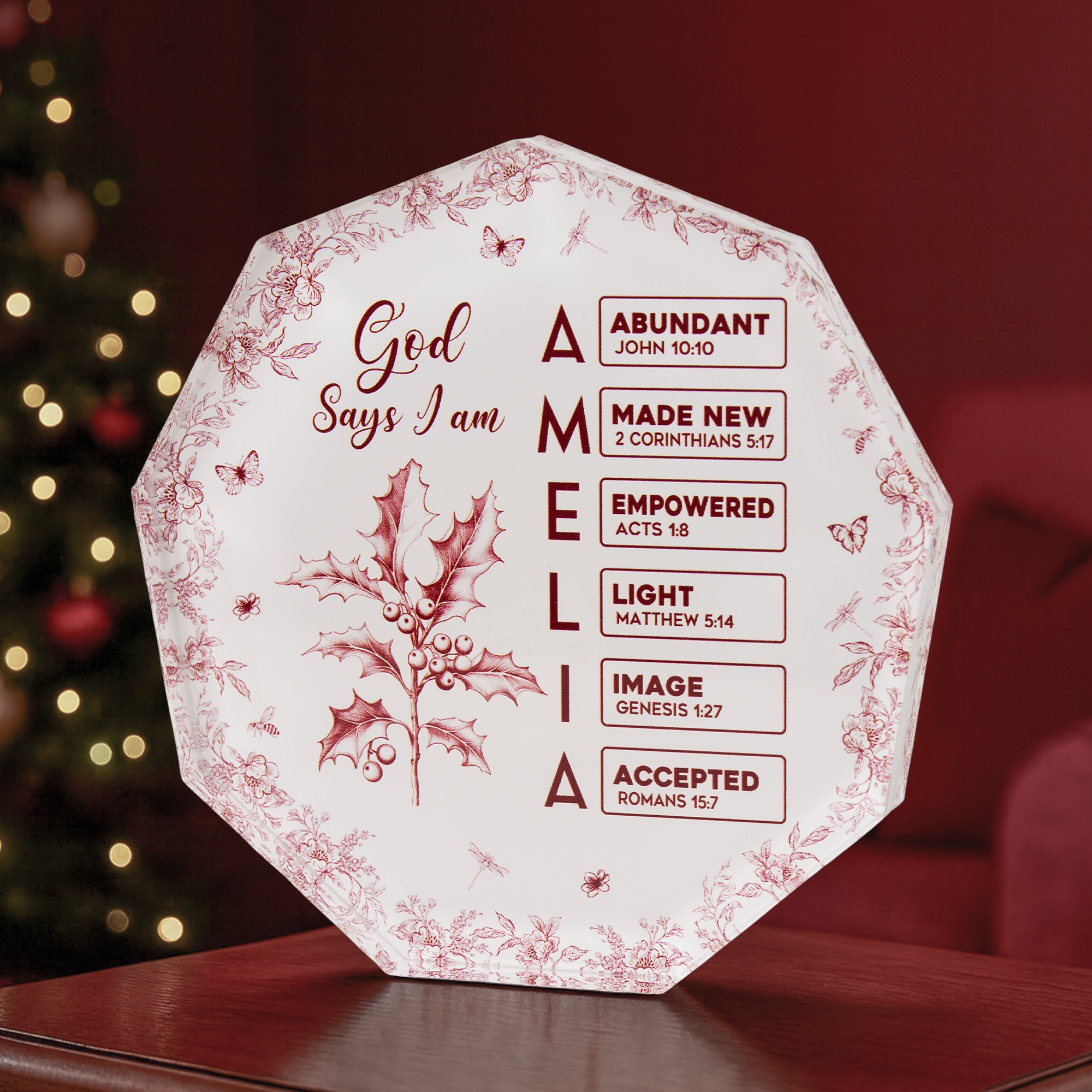 God Says I Am Name Letter In Bible Toile De Jouy Style - Personalized Acrylic Plaque
