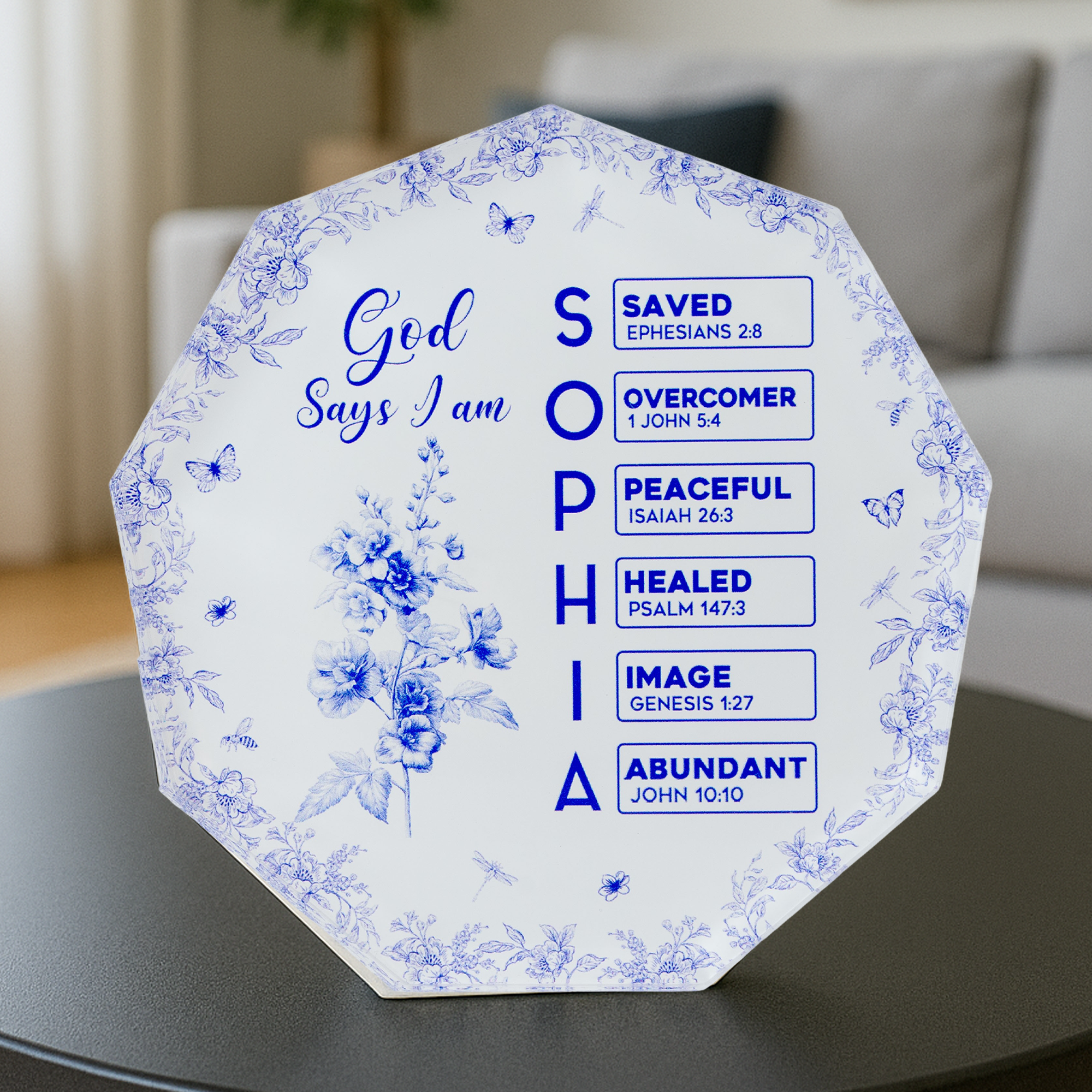God Says I Am Name Letter In Bible Toile De Jouy Style - Personalized Acrylic Plaque