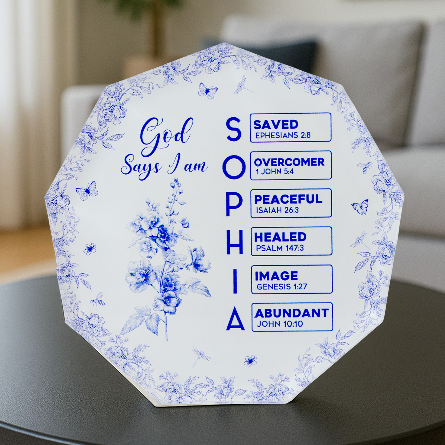 God Says I Am Name Letter In Bible Toile De Jouy Style - Personalized Acrylic Plaque