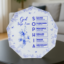 God Says I Am Name Letter In Bible Toile De Jouy Style - Personalized Acrylic Plaque