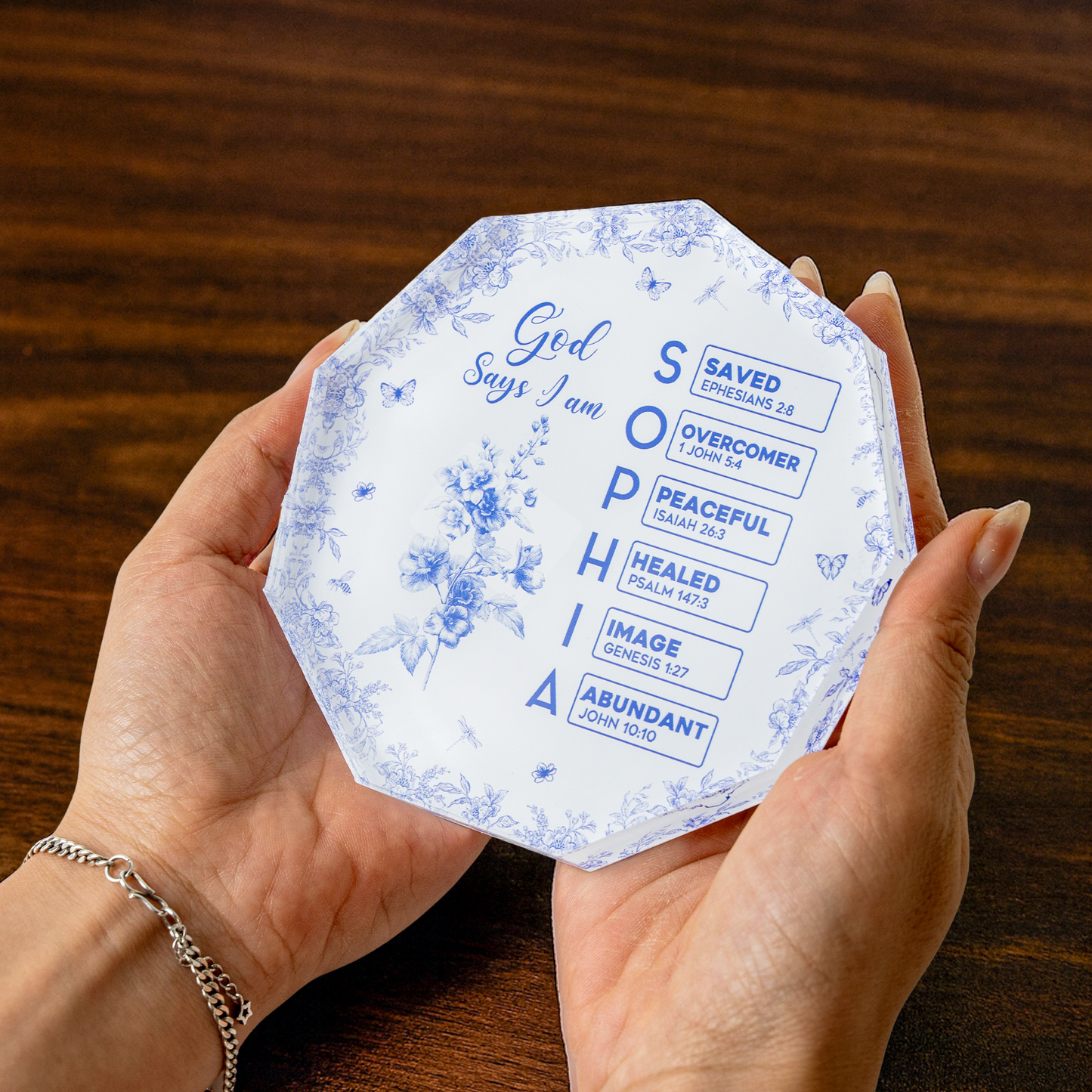 God Says I Am Name Letter In Bible Toile De Jouy Style - Personalized Acrylic Plaque