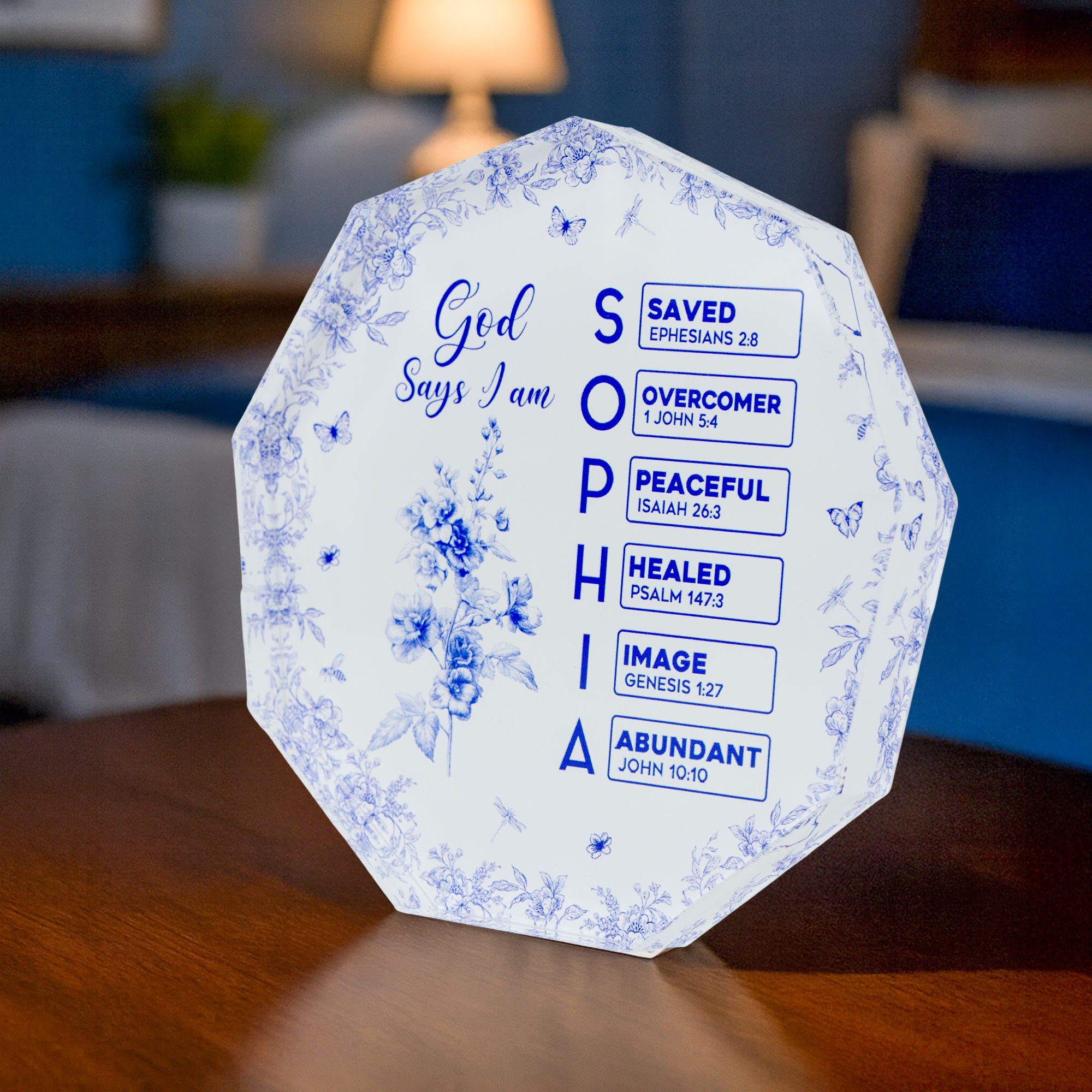 God Says I Am Name Letter In Bible Toile De Jouy Style - Personalized Acrylic Plaque
