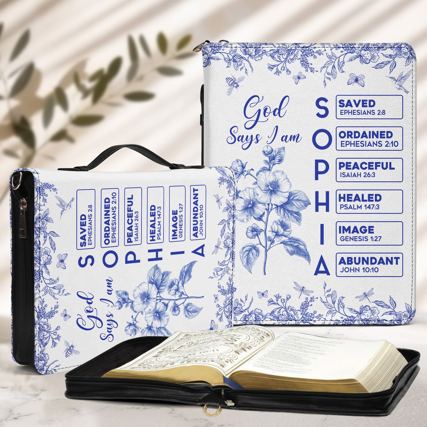 God Says I Am Name Letter In Bible Toile De Jouy Style - Personalized Bible Cover