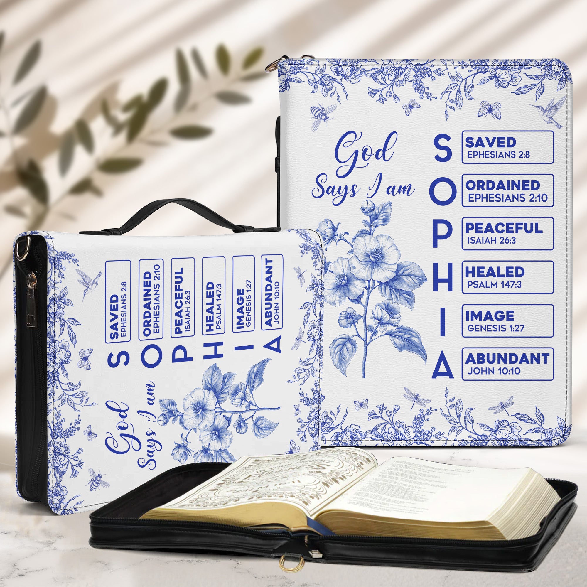God Says I Am Name Letter In Bible Toile De Jouy Style - Personalized Bible Cover