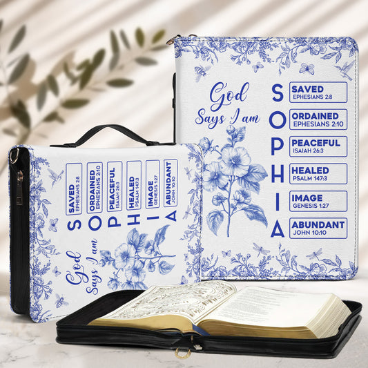 God Says I Am Name Letter In Bible Toile De Jouy Style - Personalized Bible Cover