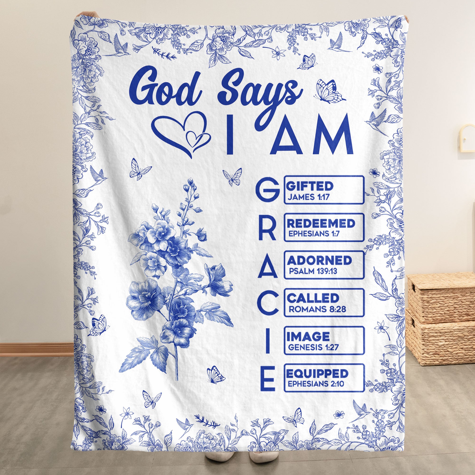 God Says I Am Name Letter In Bible Toile De Jouy Style - Personalized Blanket