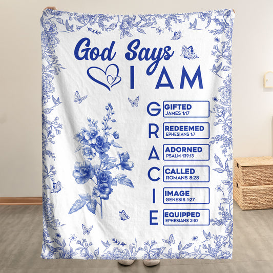 God Says I Am Name Letter In Bible Toile De Jouy Style - Personalized Blanket