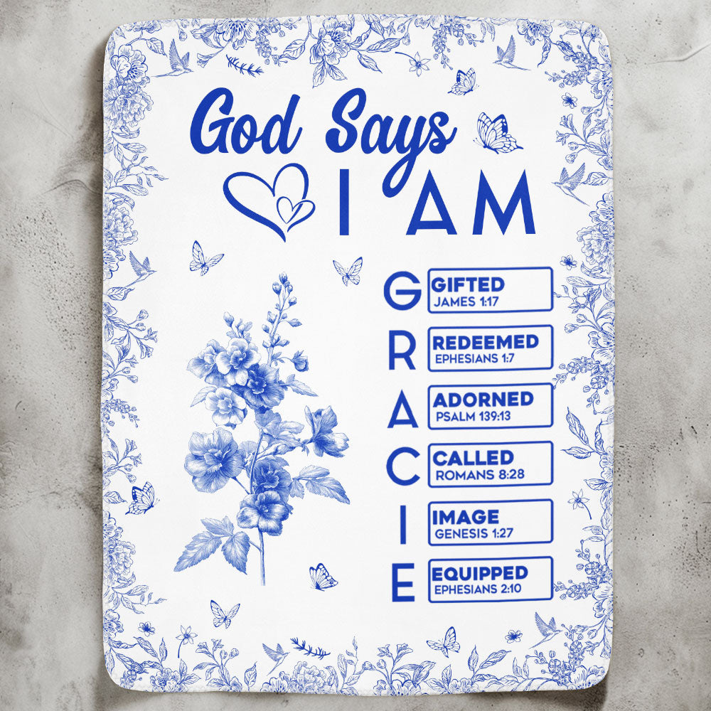 God Says I Am Name Letter In Bible Toile De Jouy Style - Personalized Blanket
