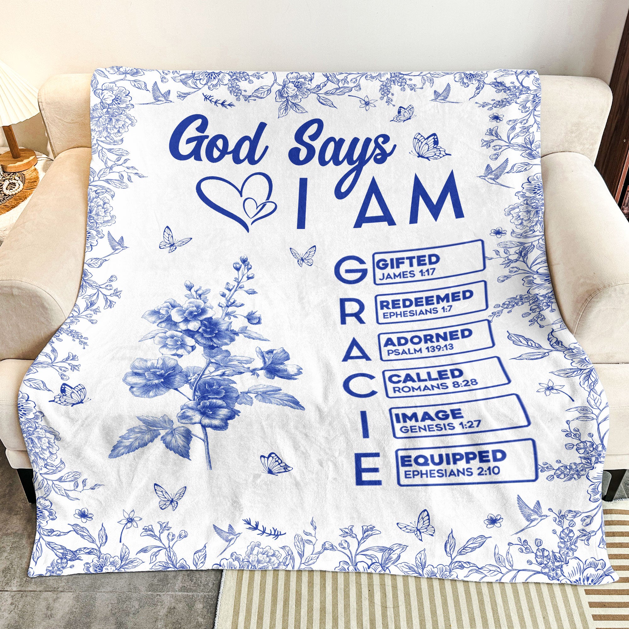 God Says I Am Name Letter In Bible Toile De Jouy Style - Personalized Blanket