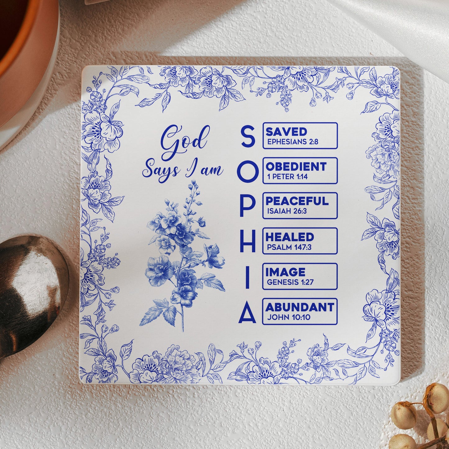 God Says I Am Name Letter In Bible Toile De Jouy Style - Personalized Ceramic Coaster