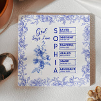 God Says I Am Name Letter In Bible Toile De Jouy Style - Personalized Ceramic Coaster