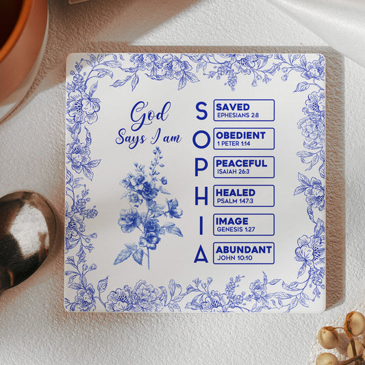 God Says I Am Name Letter In Bible Toile De Jouy Style - Personalized Ceramic Coaster