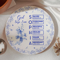 God Says I Am Name Letter In Bible Toile De Jouy Style - Personalized Ceramic Coaster