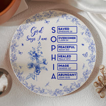 God Says I Am Name Letter In Bible Circle Coaster - Personalized Ceramic Coaster