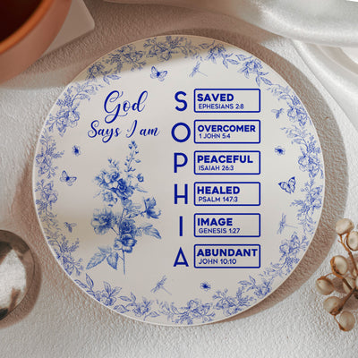 God Says I Am Name Letter In Bible Circle Coaster - Personalized Ceramic Coaster