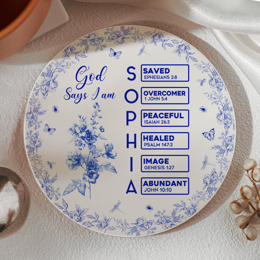 God Says I Am Name Letter In Bible Circle Coaster - Personalized Ceramic Coaster