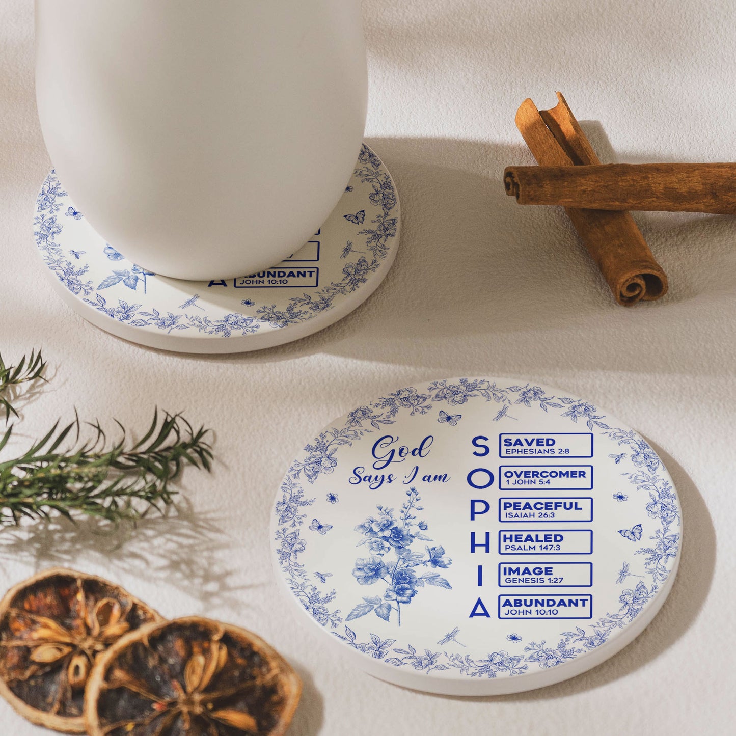 God Says I Am Name Letter In Bible Toile De Jouy Style - Personalized Ceramic Coaster