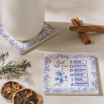 God Says I Am Name Letter In Bible Toile De Jouy Style - Personalized Ceramic Coaster