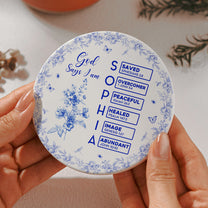 God Says I Am Name Letter In Bible Circle Coaster - Personalized Ceramic Coaster