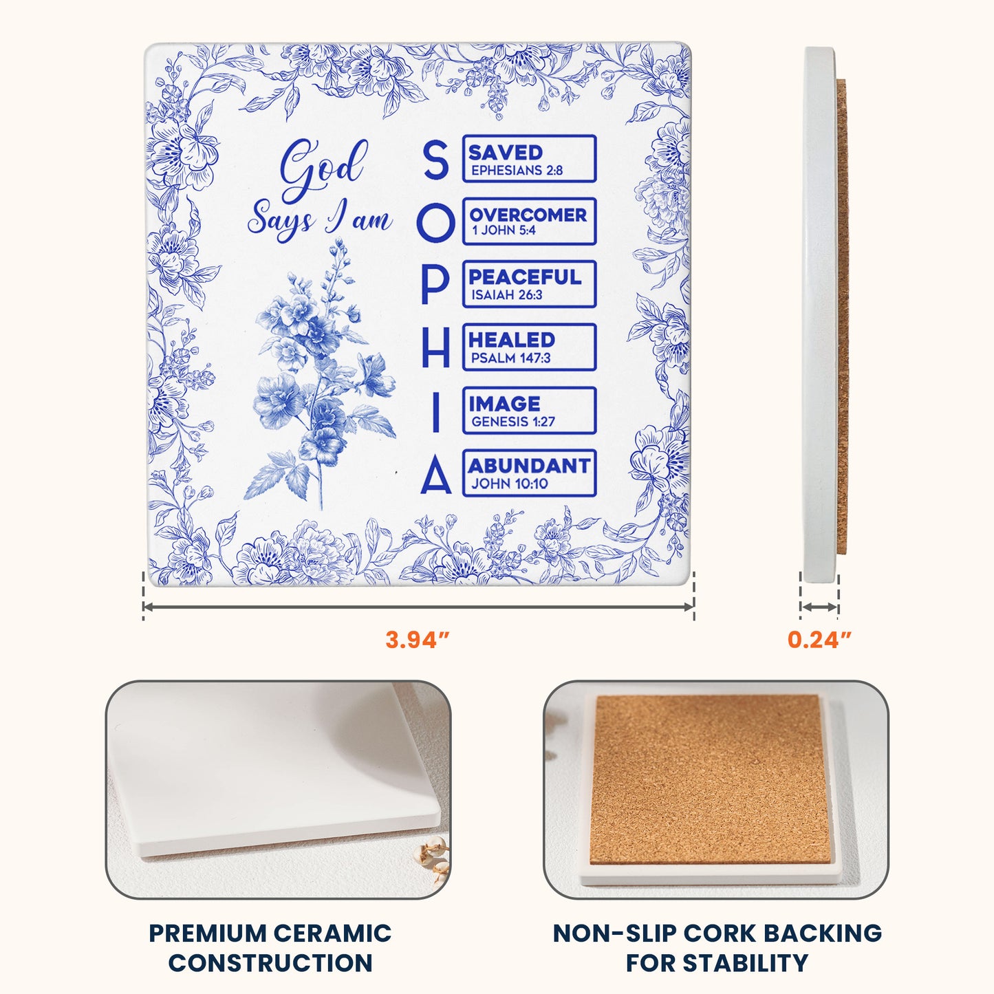 God Says I Am Name Letter In Bible Toile De Jouy Style - Personalized Ceramic Coaster