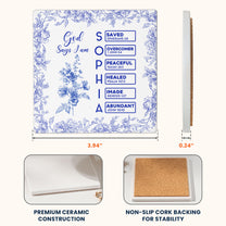 God Says I Am Name Letter In Bible Toile De Jouy Style - Personalized Ceramic Coaster