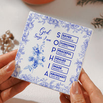 God Says I Am Name Letter In Bible Toile De Jouy Style - Personalized Ceramic Coaster
