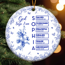 God Says I Am Name Letter In Bible Toile De Jouy Style - Personalized Ceramic Ornament