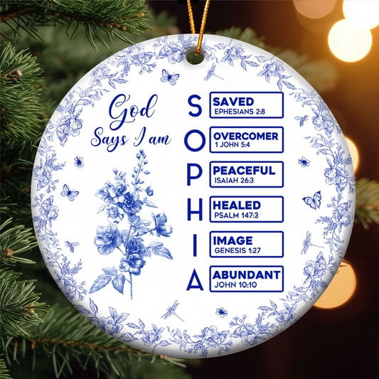 God Says I Am Name Letter In Bible Toile De Jouy Style - Personalized Ceramic Ornament