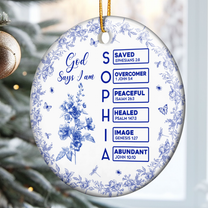 God Says I Am Name Letter In Bible Toile De Jouy Style - Personalized Ceramic Ornament