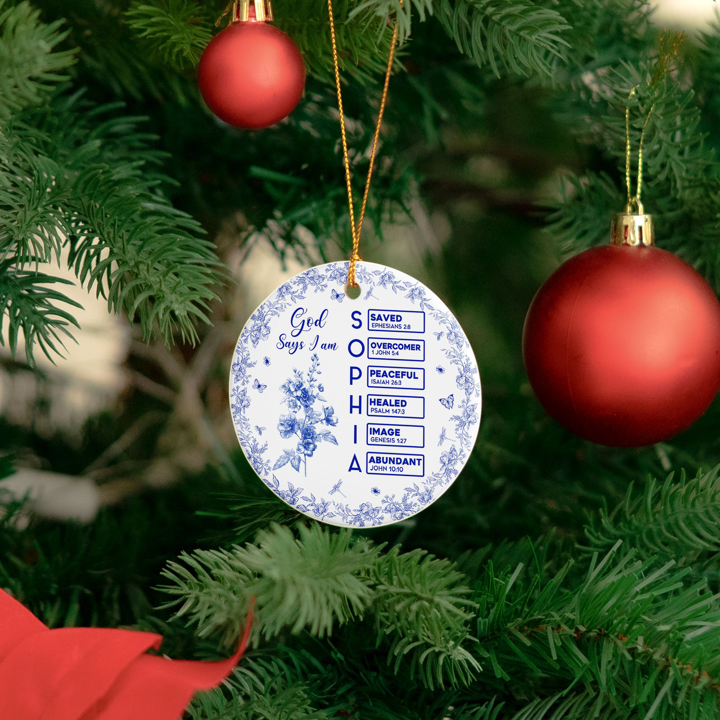 God Says I Am Name Letter In Bible Toile De Jouy Style - Personalized Ceramic Ornament