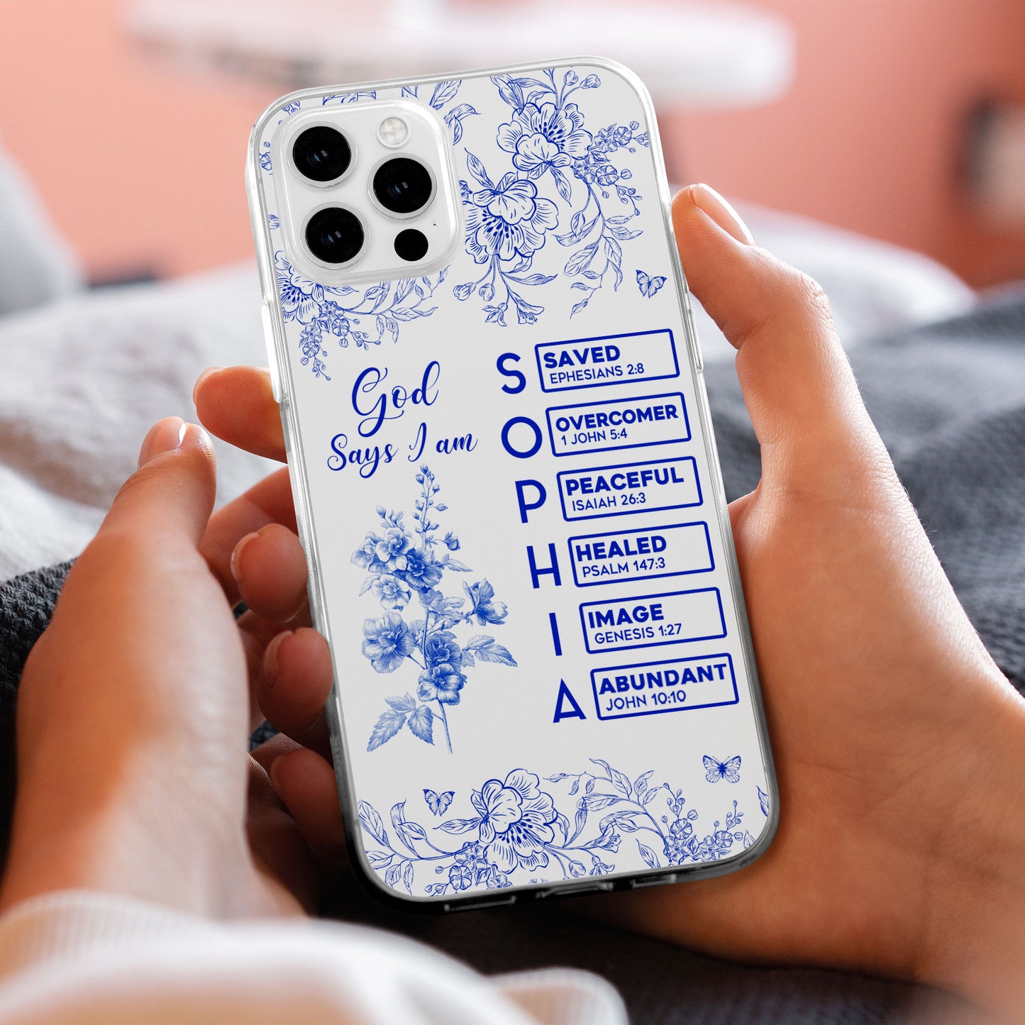 God Says I Am Name Letter In Bible Toile De Jouy Style - Personalized Clear Phone Case