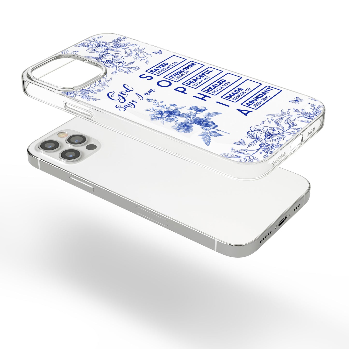 God Says I Am Name Letter In Bible Toile De Jouy Style - Personalized Clear Phone Case