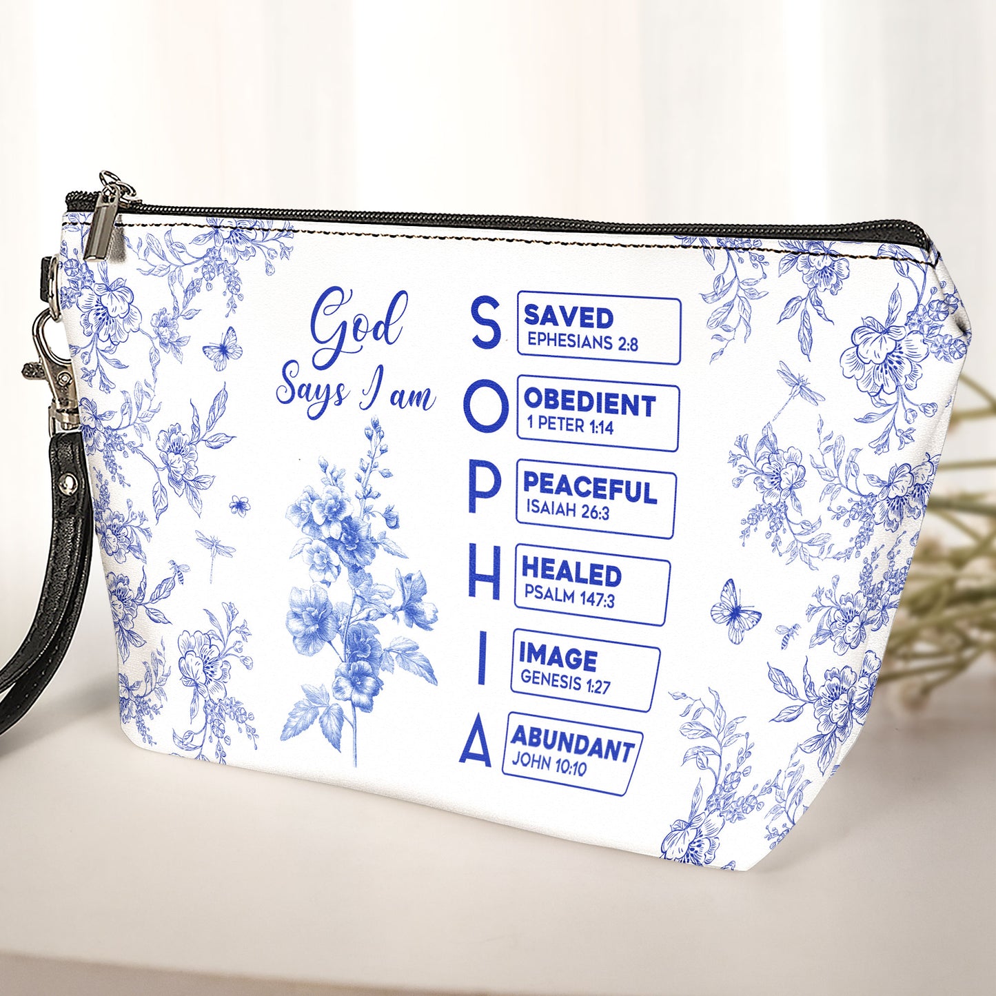 God Says I Am Name Letter In Bible Toile De Jouy Style - Personalized Cosmetic Bag