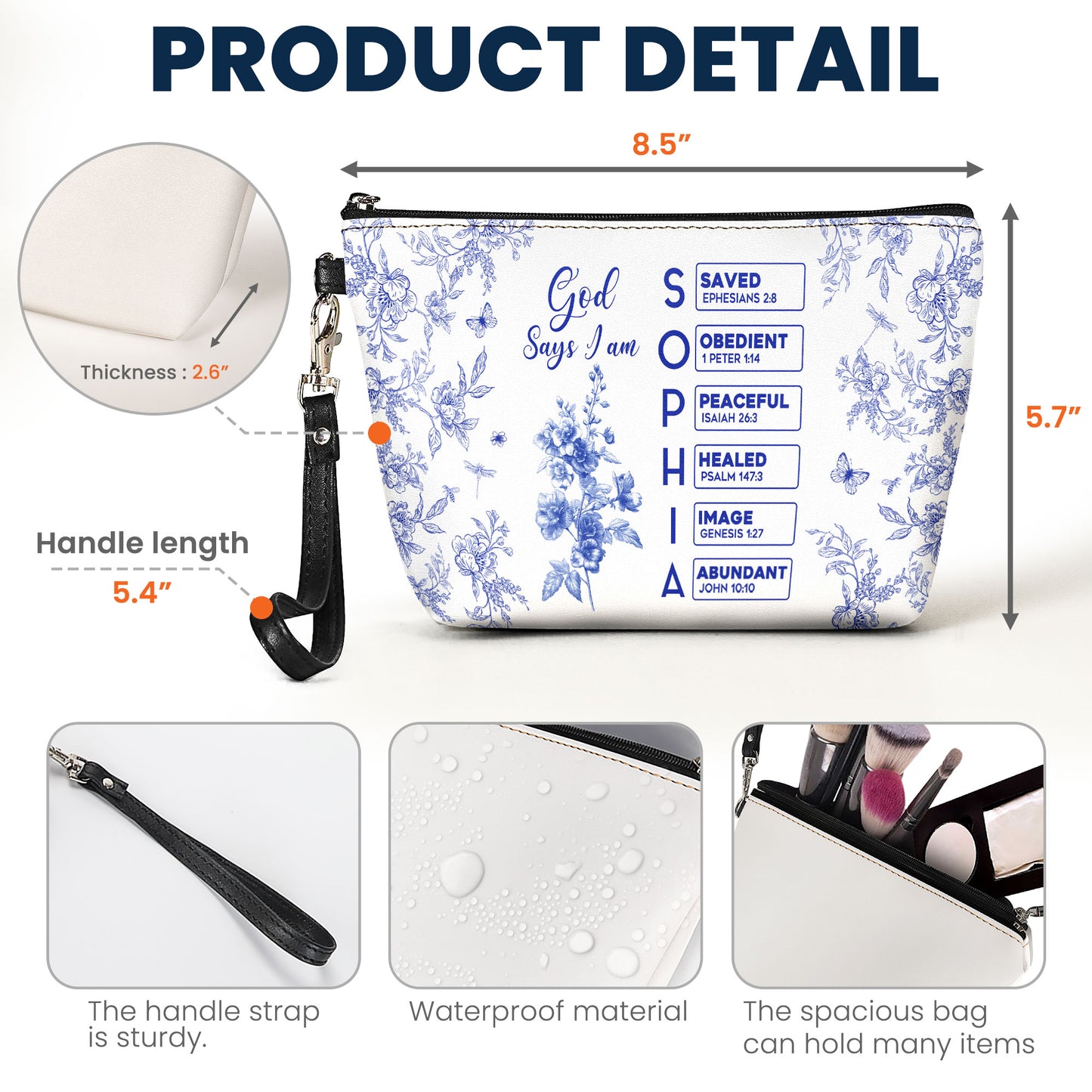 God Says I Am Name Letter In Bible Toile De Jouy Style - Personalized Cosmetic Bag