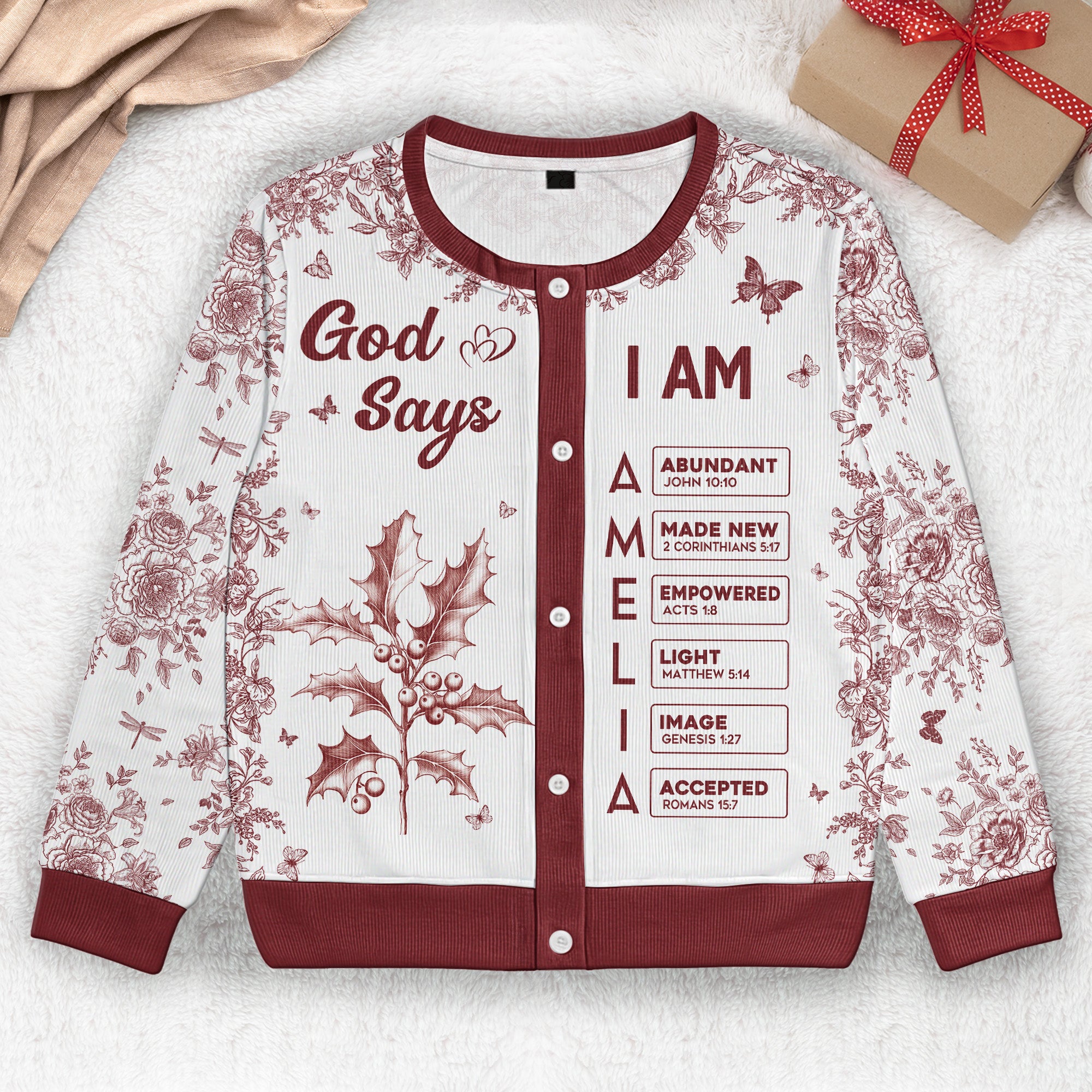 God Says I Am Name Letter In Bible Toile De Jouy Style - Personalized Crewneck Cardigan