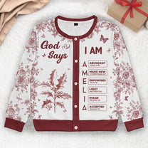 God Says I Am Name Letter In Bible Toile De Jouy Style - Personalized Crewneck Cardigan