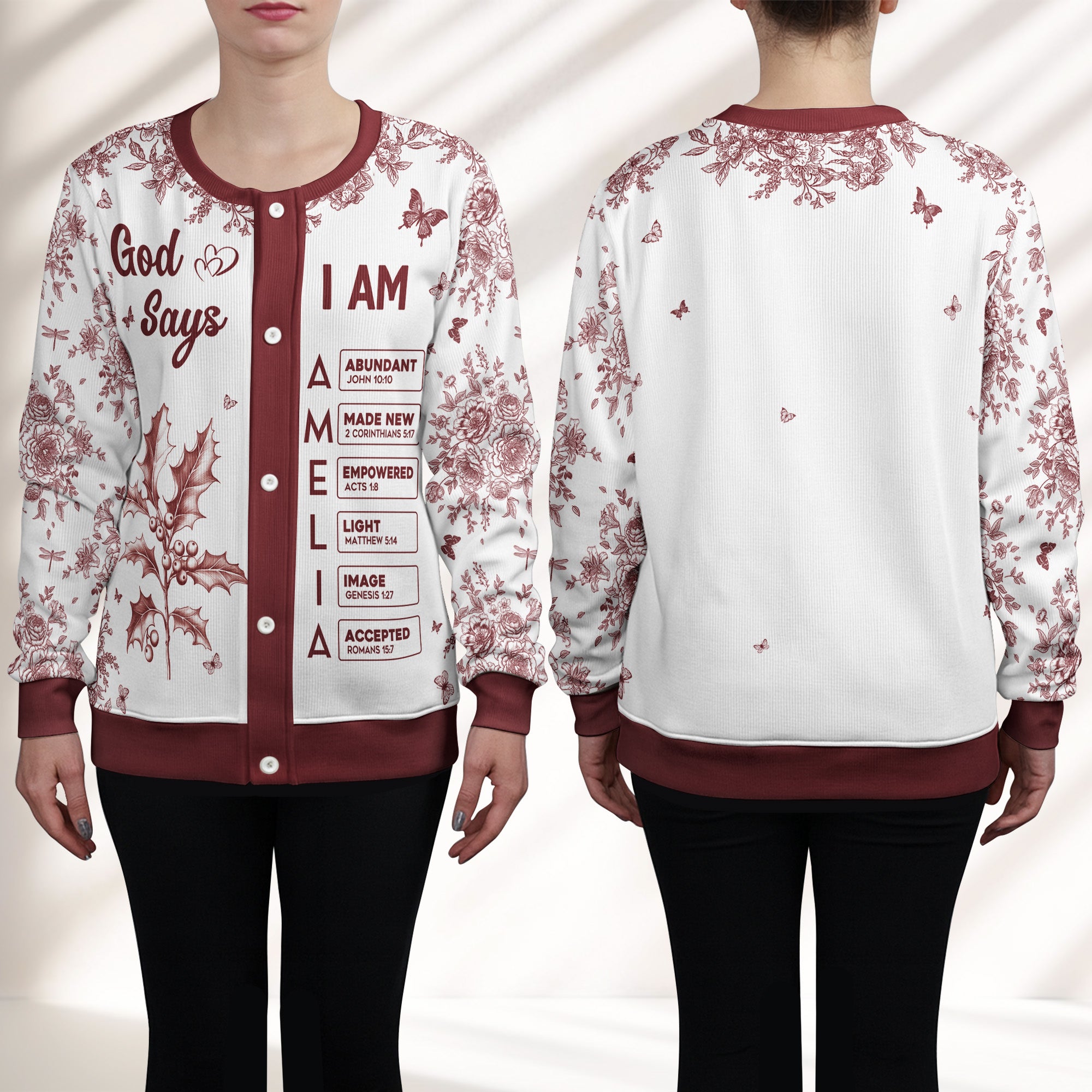 God Says I Am Name Letter In Bible Toile De Jouy Style - Personalized Crewneck Cardigan